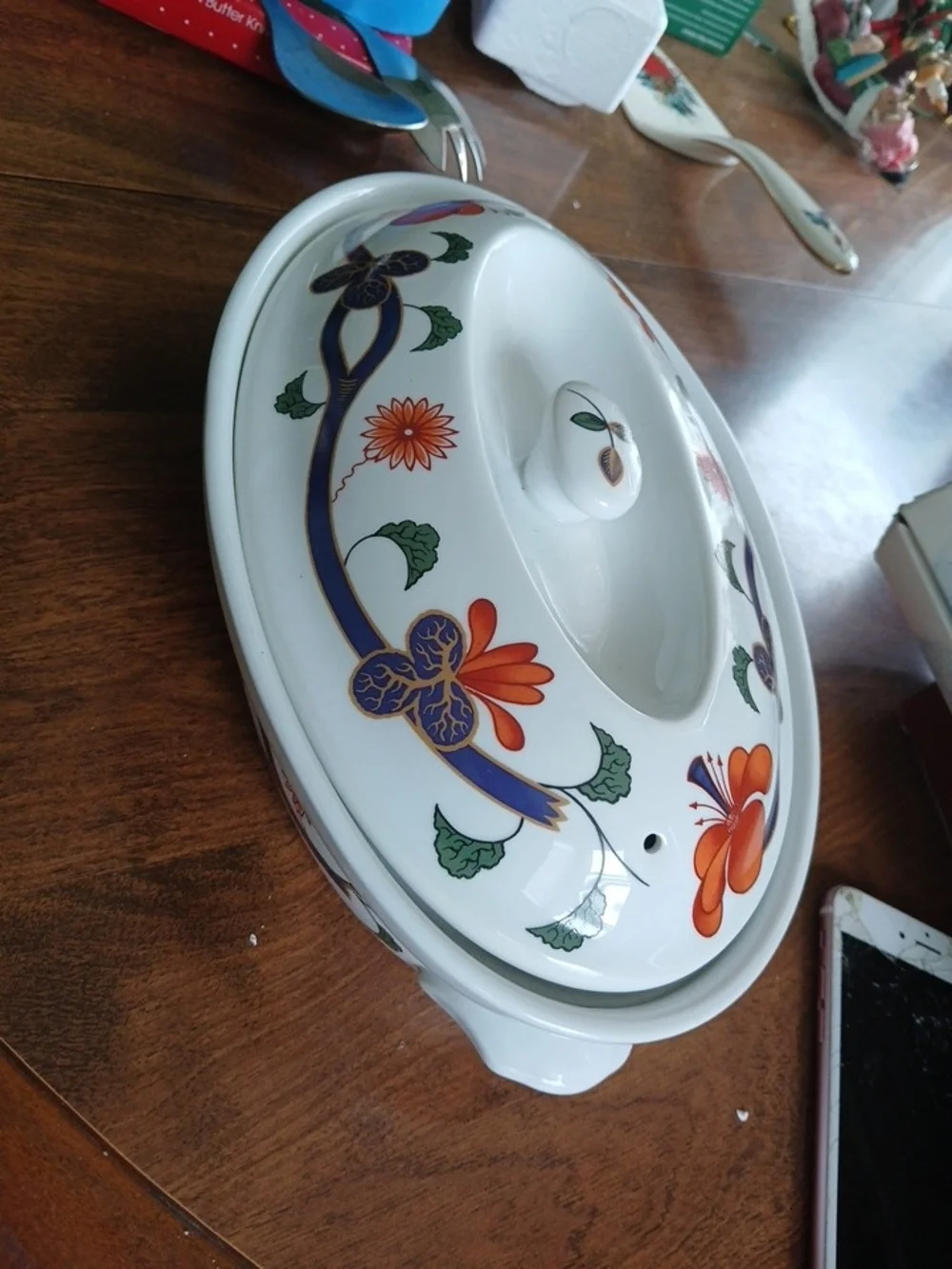 Royal Worcester White Covered Casserole with Orange Floral & Purple Vine Motif